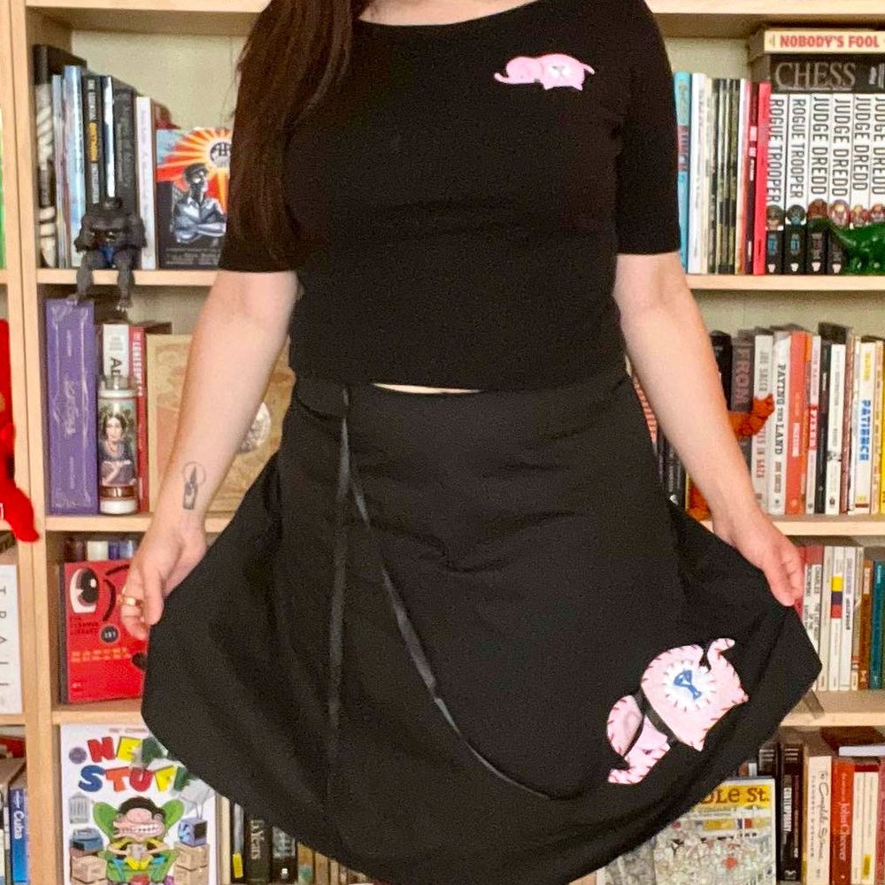 Vintage Two-Piece Pink & Black Rockabilly Elephant Martini Skirt & Shirt Set